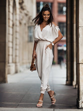 Trousers V neck Pocket Elastic Waist Casual Jumpsuit